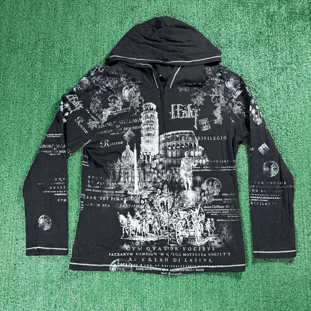 Women’s Y2K Cactus Black Newspaper Print Hoodie Size XL